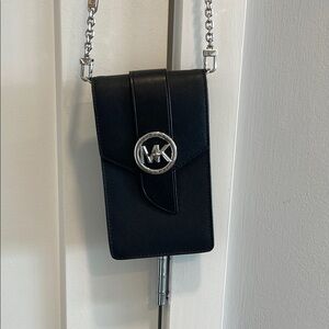 Michael Kors Black Leather Crossbody Phone Pouch with Silver MK Emblem